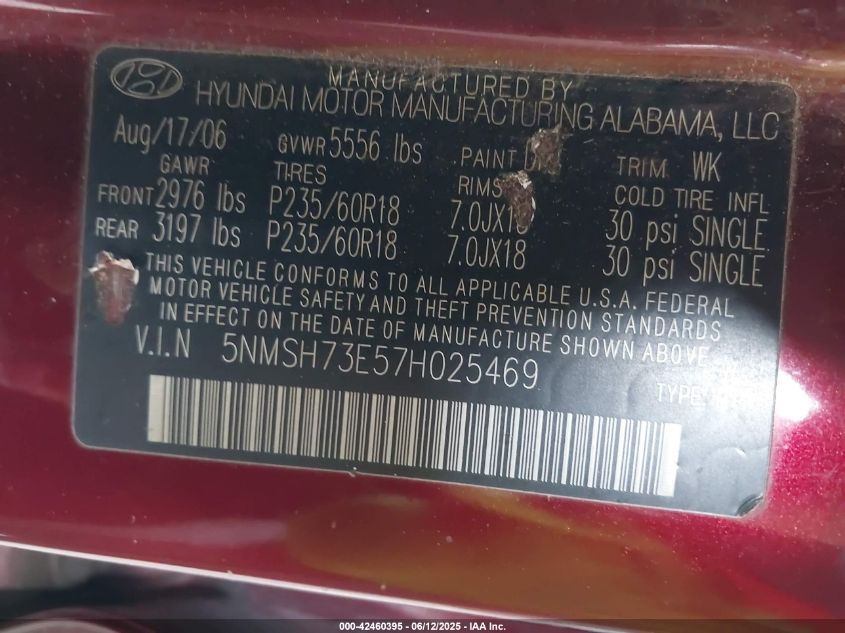 2007 Hyundai Santa Fe Limited/Se VIN: 5NMSH73E57H025469 Lot: 42460395