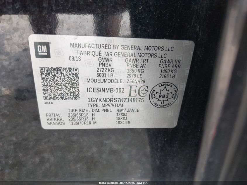 2019 Cadillac Xt5 Luxury VIN: 1GYKNDRS7KZ148175 Lot: 42460403