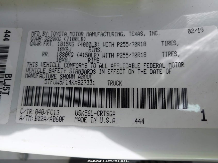 2019 TOYOTA TUNDRA SR5 5.7L V8 - 5TFUW5F14KX827331