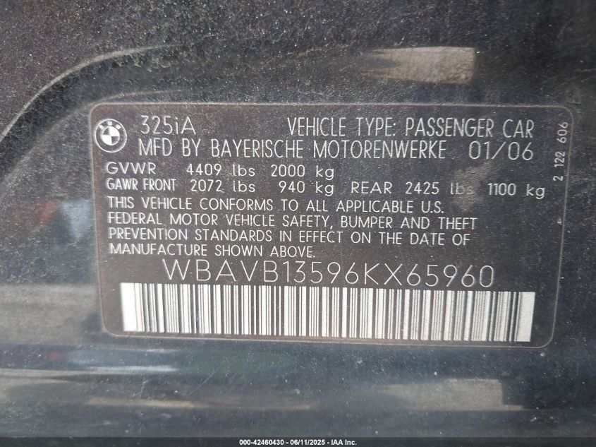 2006 BMW 325I VIN: WBAVB13596KX65960 Lot: 42460430