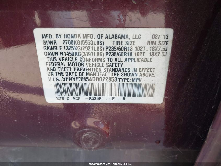 2013 Honda Pilot Ex-L VIN: 5FNYF3H54DB022853 Lot: 42460526