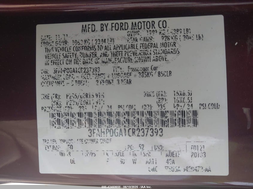 2012 Ford Fusion S VIN: 3FAHP0GA1CR237393 Lot: 42460655