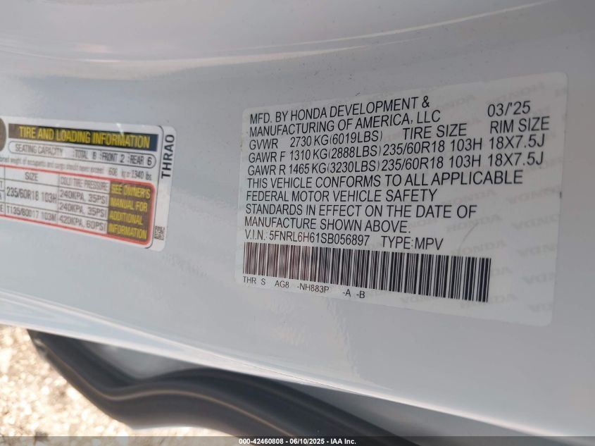 2025 Honda Odyssey - 5FNRL6H61SB056897