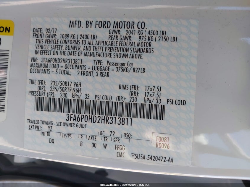 2017 FORD FUSION VIN: 3FA6P0HD2HR313811