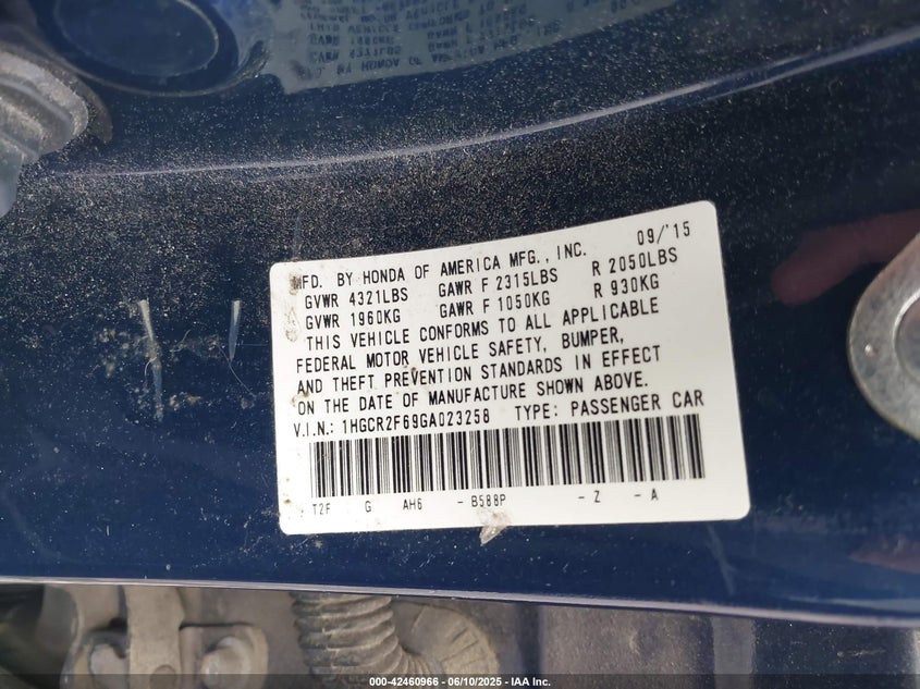 2016 HONDA ACCORD VIN: 1HGCR2F69GA023258