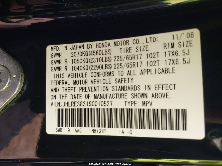 2009 Honda Cr-V Lx VIN: JHLRE38319C010527 Lot: 42461142