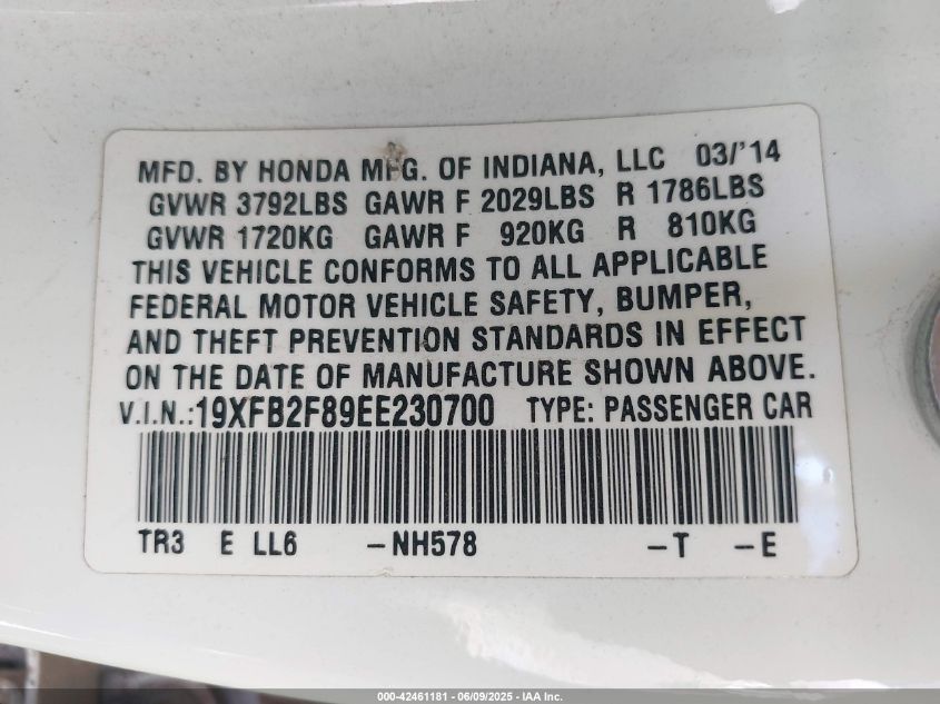 2014 Honda Civic Ex VIN: 19XFB2F89EE230700 Lot: 42461181