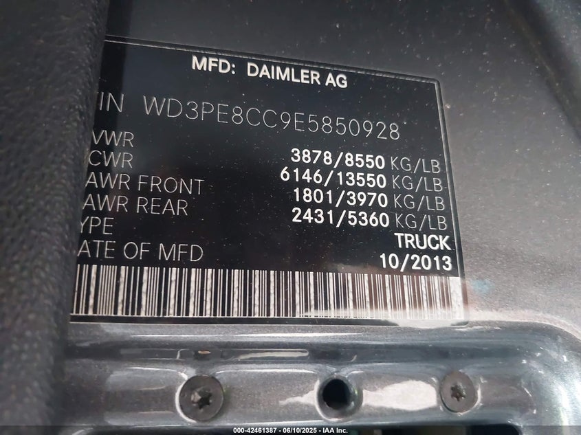 2014 Mercedes-Benz Sprinter 2500 High Roof VIN: WD3PE8CC9E5850928 Lot: 42461387