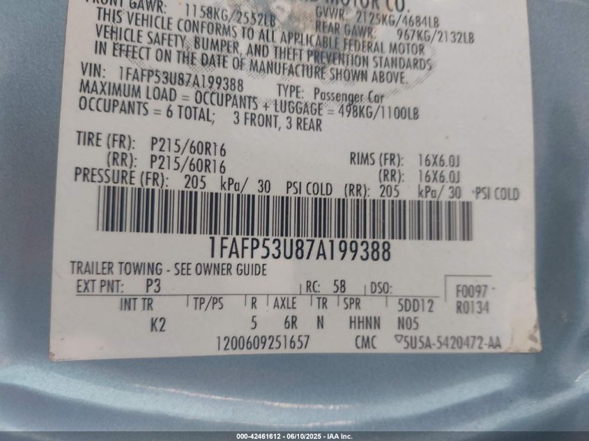 2007 Ford Taurus VIN: 1SAFT53U87A199388 Lot: 42461612