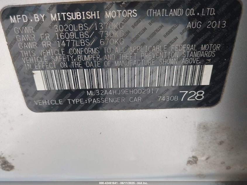 2014 MITSUBISHI MIRAGE VIN: ML32A4HJ9EH002917