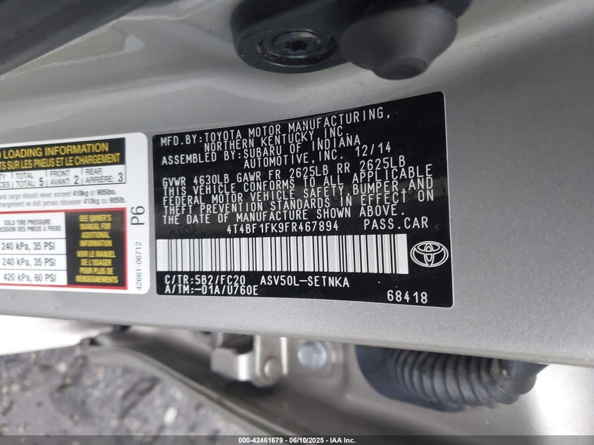 2015 TOYOTA CAMRY VIN: 4T4BF1FK9FR467894