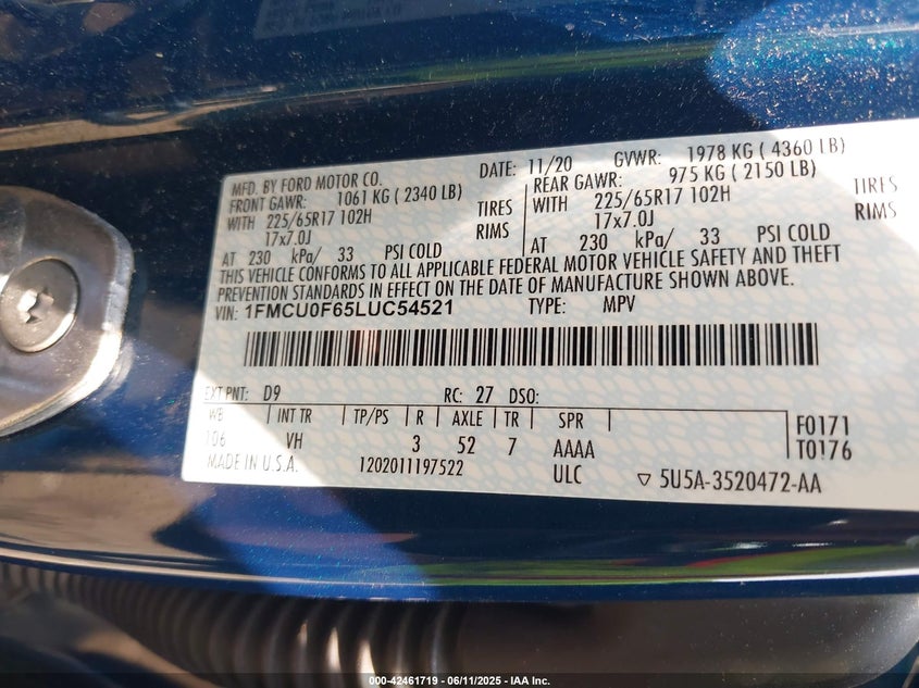 2020 FORD ESCAPE VIN: 1FMCU0F65LUC54521
