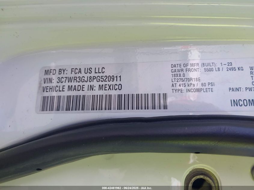 2023 Ram 3500 Tradesman 4X4 8' Box VIN: 3C7WR3GJ8PG520911 Lot: 42461962