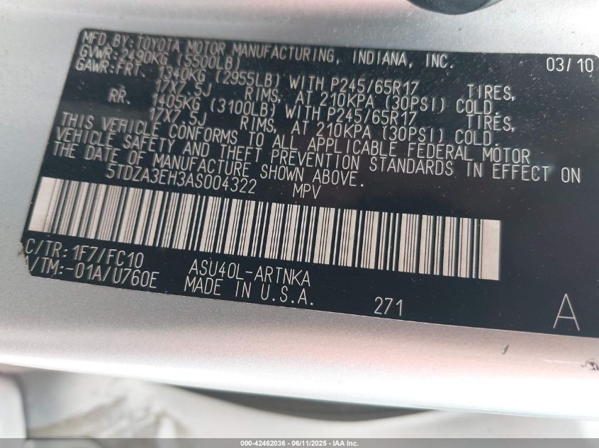2010 Toyota Highlander VIN: 5TDZA3EH3AS004322 Lot: 42462036