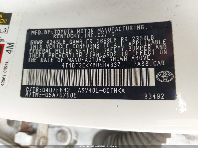 2011 TOYOTA CAMRY VIN: 4T1BF3EKXBU584837