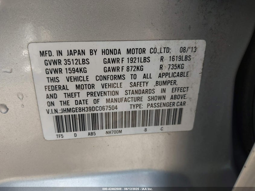2013 HONDA FIT - JHMGE8H39DC067504