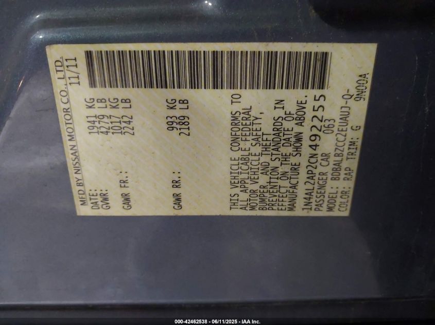 2012 Nissan Altima 2.5 S VIN: 1N4AL2AP2CN492255 Lot: 42462538