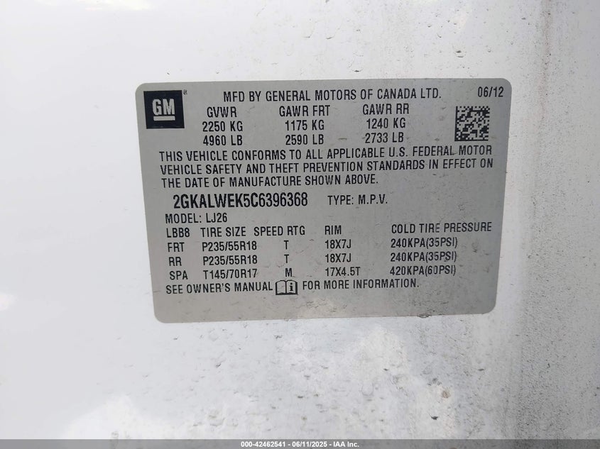 2012 GMC Terrain Slt-2 VIN: 2GKALWEK5C6396368 Lot: 42462541