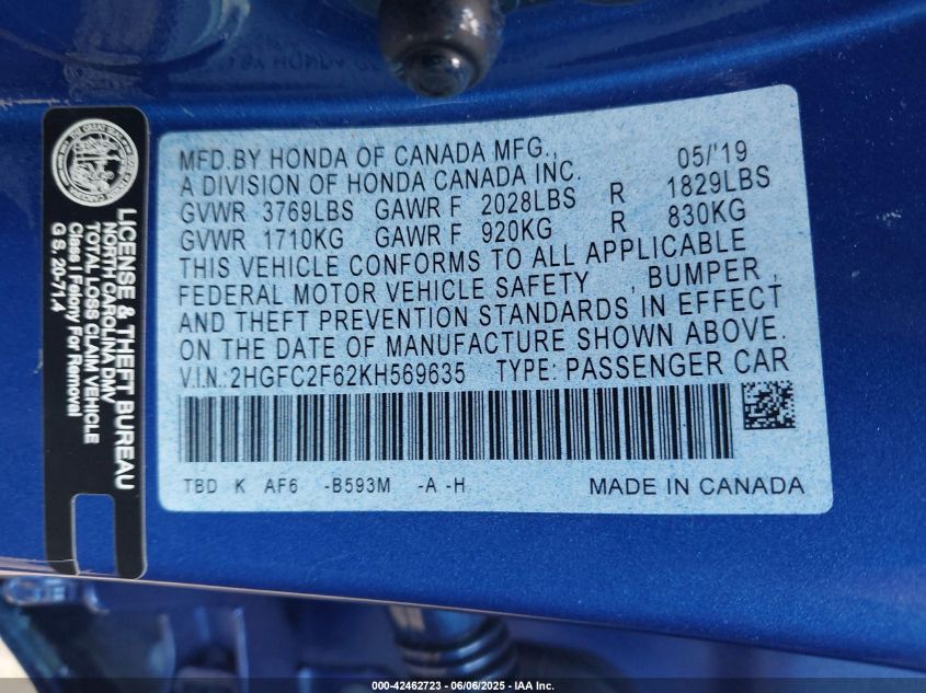 2019 Honda Civic Lx VIN: 2HGFC2F62KH569635 Lot: 42462723