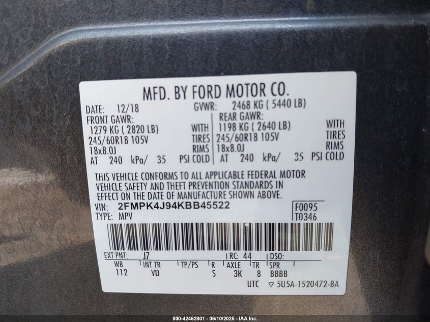 VIN 2FMPK4J94KBB45522 2019 FORD EDGE SEL