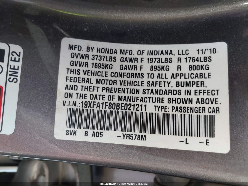 2011 Honda Civic Ex VIN: 19XFA1F80BE021211 Lot: 42462818