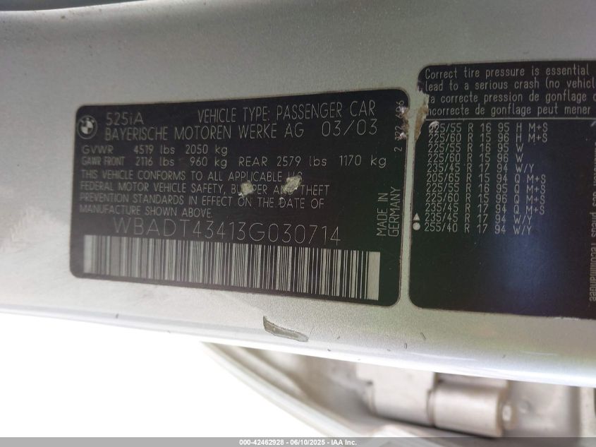 2003 BMW 525Ia VIN: WBADT43413G030714 Lot: 42462928