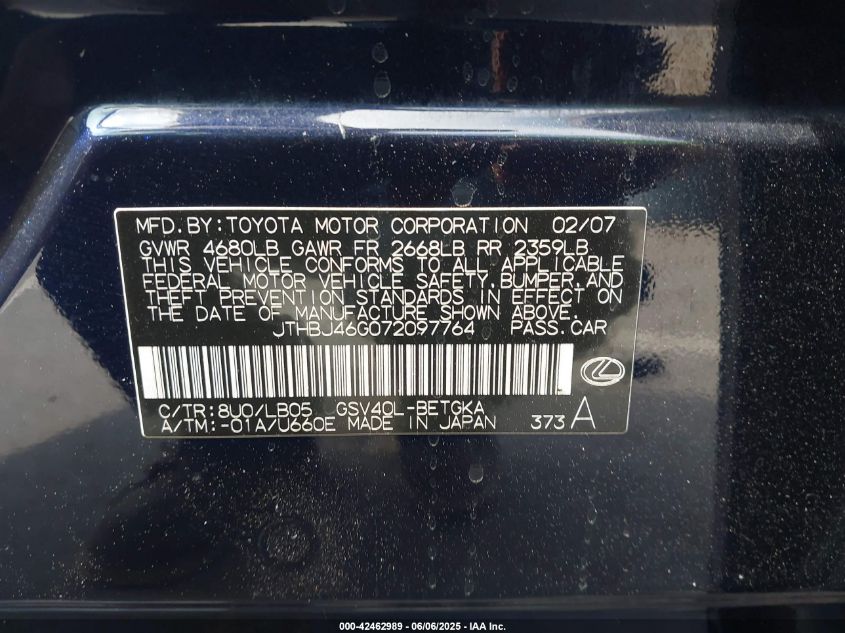 2007 Lexus Es 350 VIN: JTHBJ46G072097764 Lot: 42462989