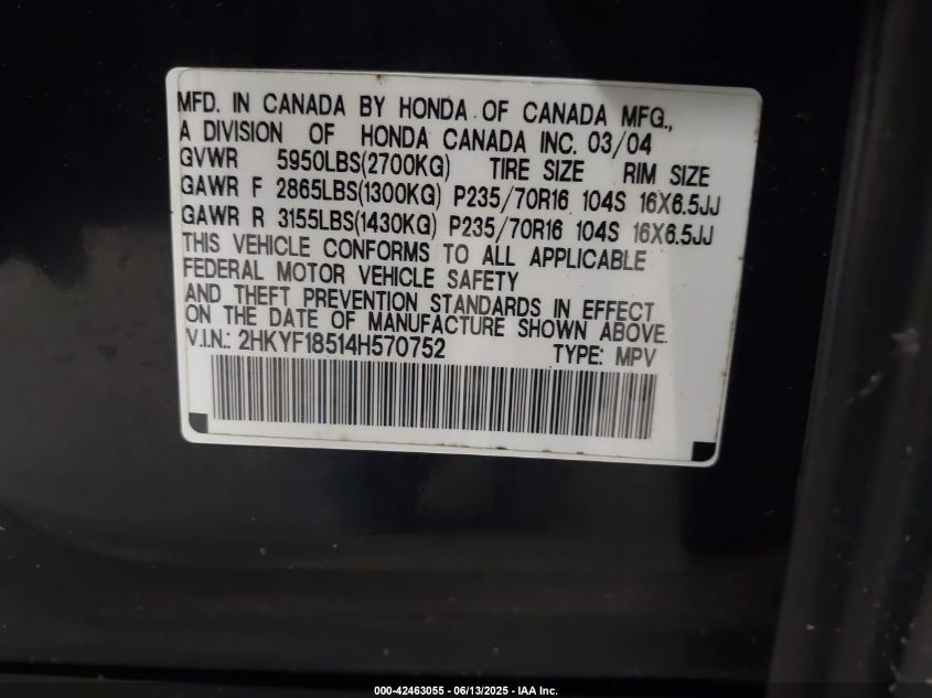 2004 Honda Pilot Ex-L VIN: 2HKYF18514H570752 Lot: 42463055