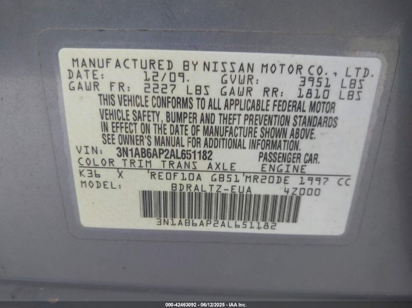 2010 Nissan Sentra VIN: 3N1AB6P2AL651182 Lot: 42463092
