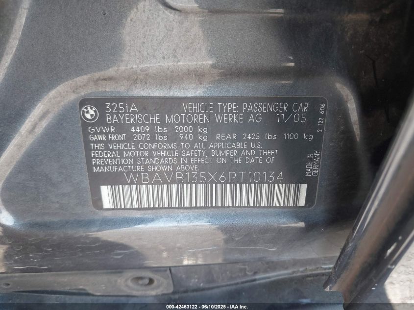 2006 BMW 325I VIN: WBAVB135X6PT10134 Lot: 42463122