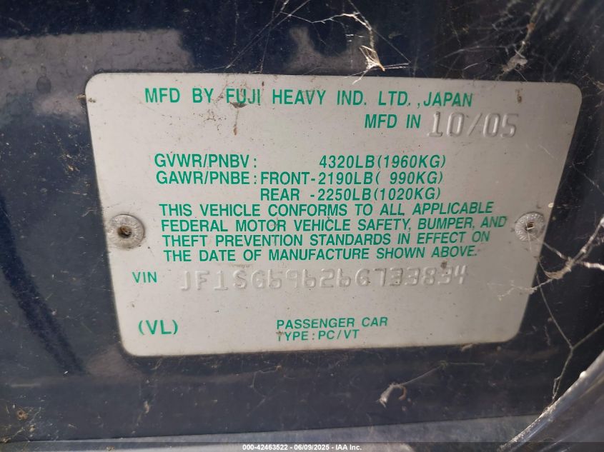 2006 Subaru Forester 2.5Xt Limited VIN: JF1SG69626G733834 Lot: 42463522