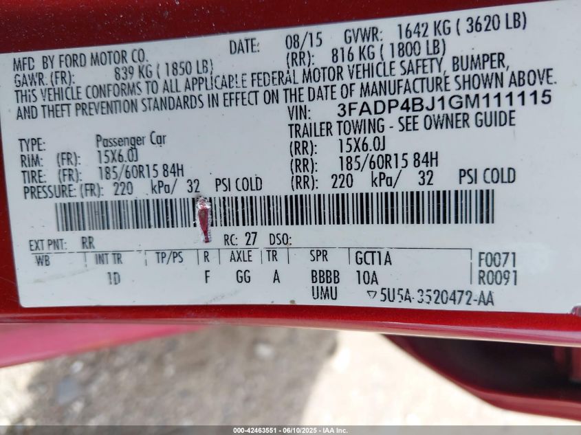 2016 Ford Fiesta Se VIN: 3FADP4BJ1GM111115 Lot: 42463551