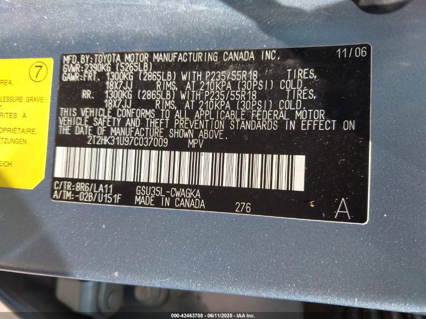 2007 Lexus Rx 350 VIN: 2T2HK31U97C037009 Lot: 42463708