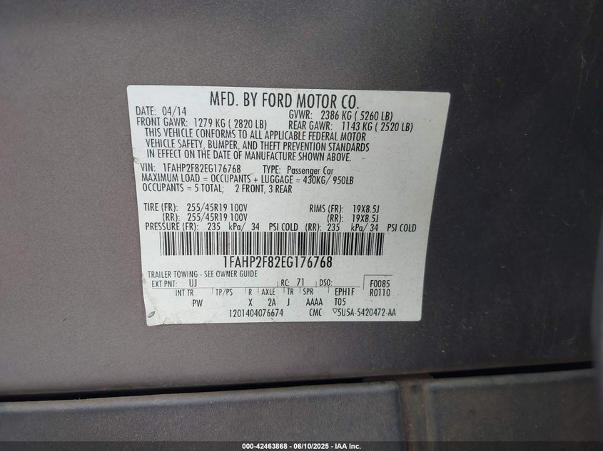 1FAHP2F82EG176768 2014 FORD TAURUS photo no. 9