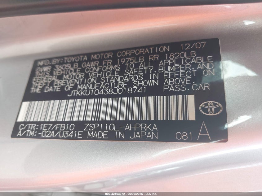 2008 TOYOTA SCION XD VIN: JTKKU10438J018741