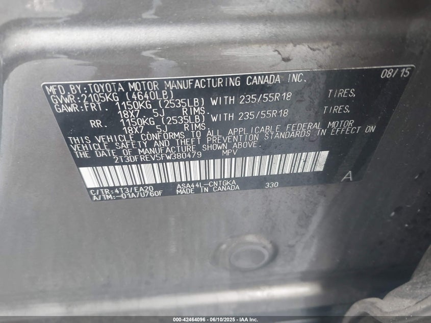 2015 TOYOTA RAV4 VIN: 2T3DFREV5FW380479