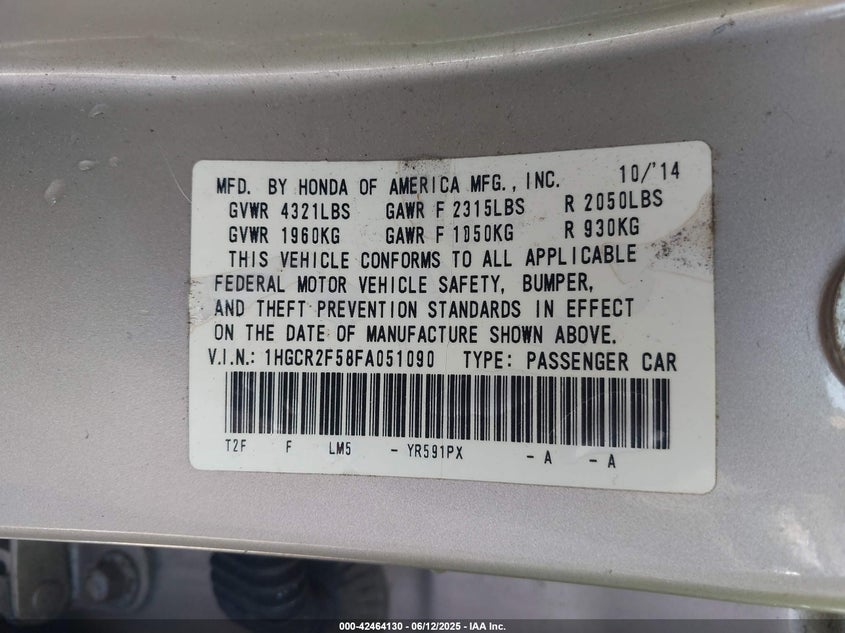 2015 Honda Accord Sport VIN: 1HGCR2F58FA051090 Lot: 42464130