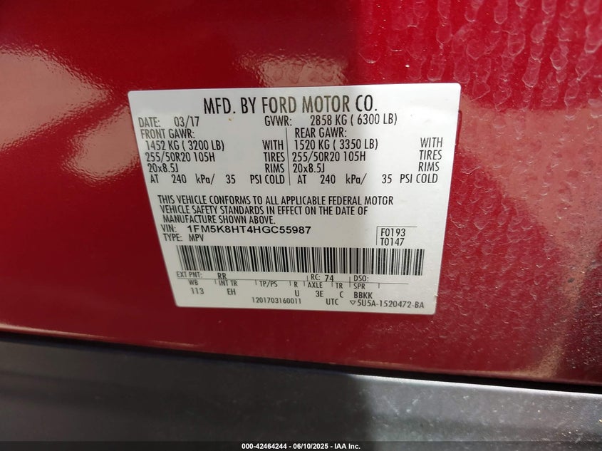 VIN 1FM5K8HT4HGC55987 2017 FORD EXPLORER PLATINUM