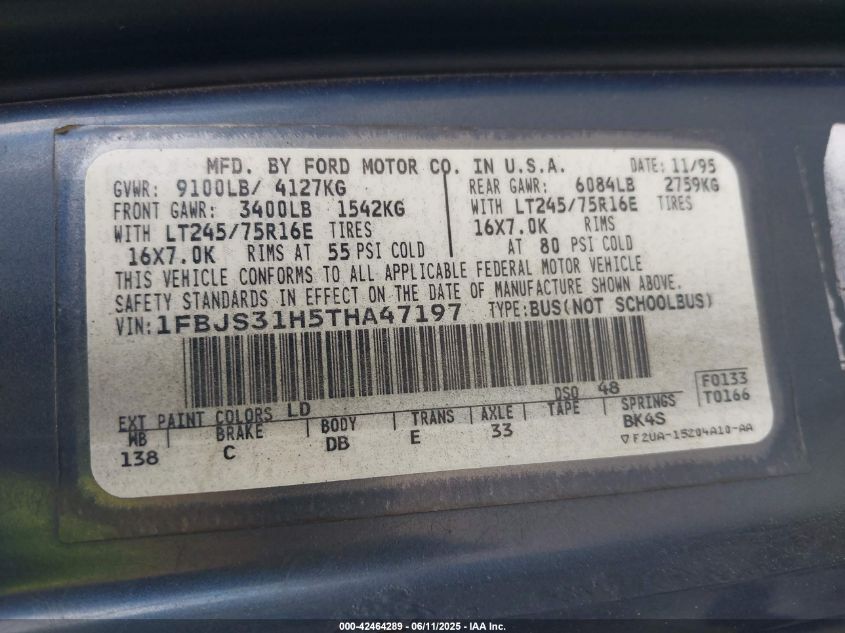 1996 Ford Econoline E350 Super Duty VIN: 1FBJS31H5THA47197 Lot: 42464289