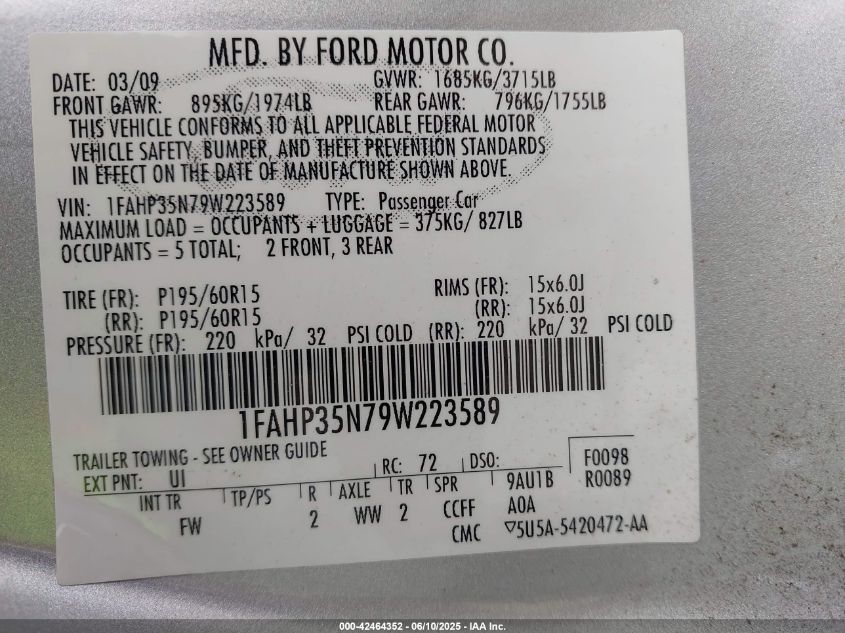 2009 Ford Focus VIN: IFAHP35N79W223589 Lot: 42464352
