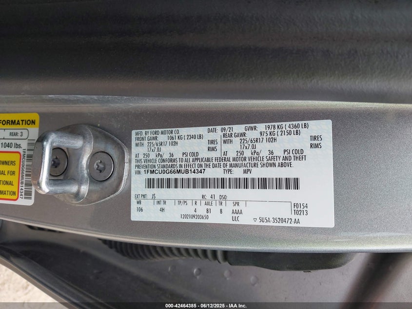 2021 Ford Escape Se VIN: 1FMCU0G66MUB14347 Lot: 42464385