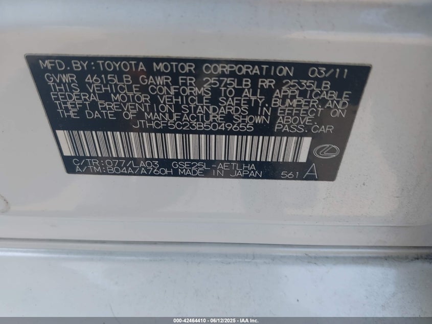 2011 LEXUS IS 250 VIN: JTHCF5C23B5049655