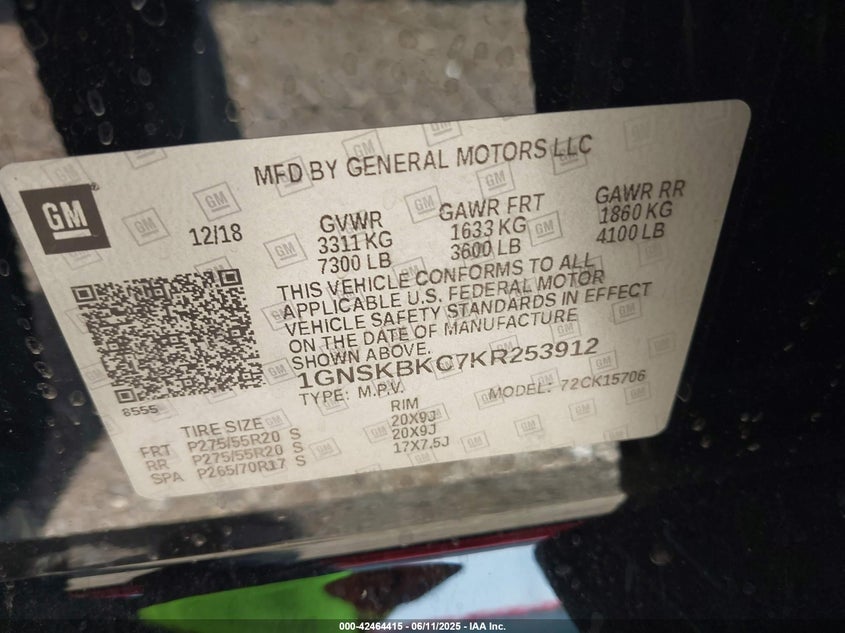 2019 CHEVROLET TAHOE LT 1GNSKBKC7KR253912