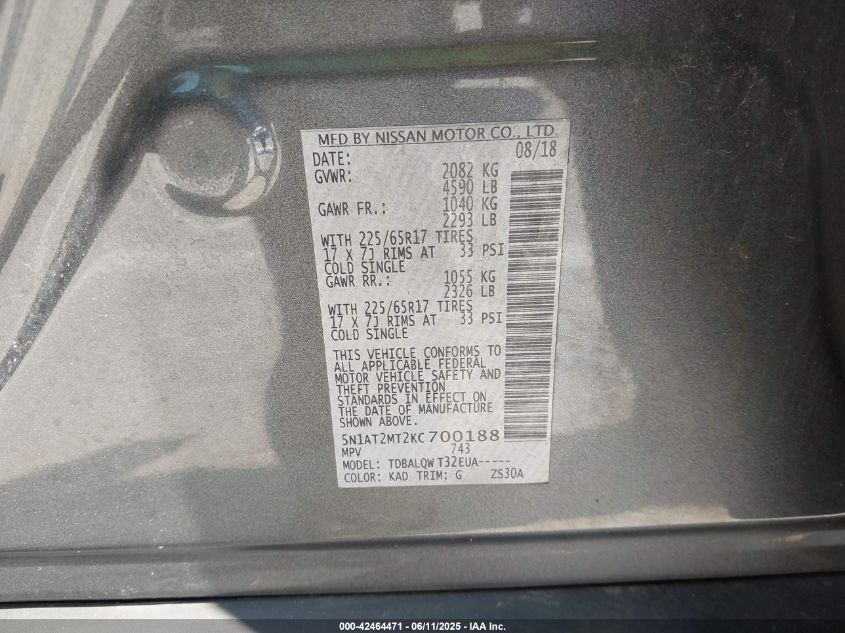 2019 Nissan Rogue Sv VIN: 5N1AT2MT2KC700188 Lot: 42464471