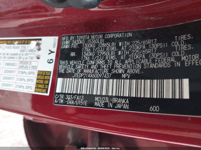 2006 TOYOTA HIGHLANDER VIN: JTEDP21AX60097437