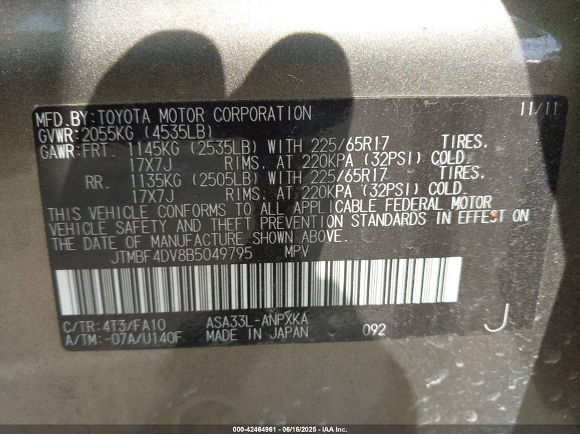 2011 TOYOTA RAV4 VIN: JTMBF4DV8B5049795