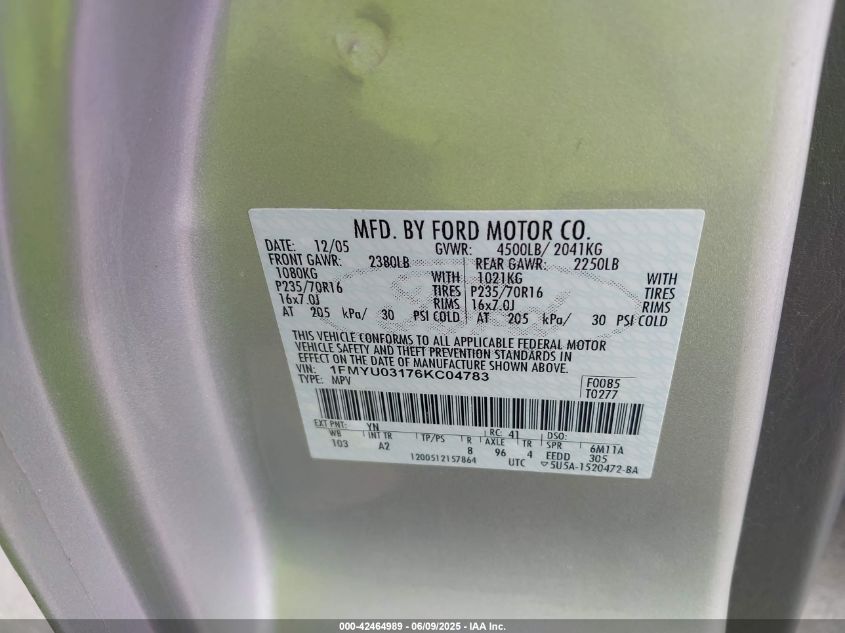 2006 Ford Escape Xlt/Xlt Sport VIN: 1FMYU03176KT04783 Lot: 42464989