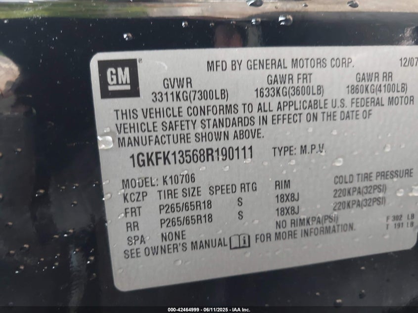 2008 GMC YUKON VIN: 1GKFK13568R190111