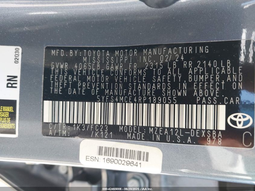 2024 Toyota Corolla Se VIN: 5YFS4MCE4RP189055 Lot: 42465006