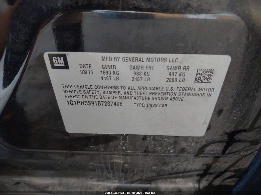 2011 CHEVROLET CRUZE VIN: 1G1PH5S91B7237406